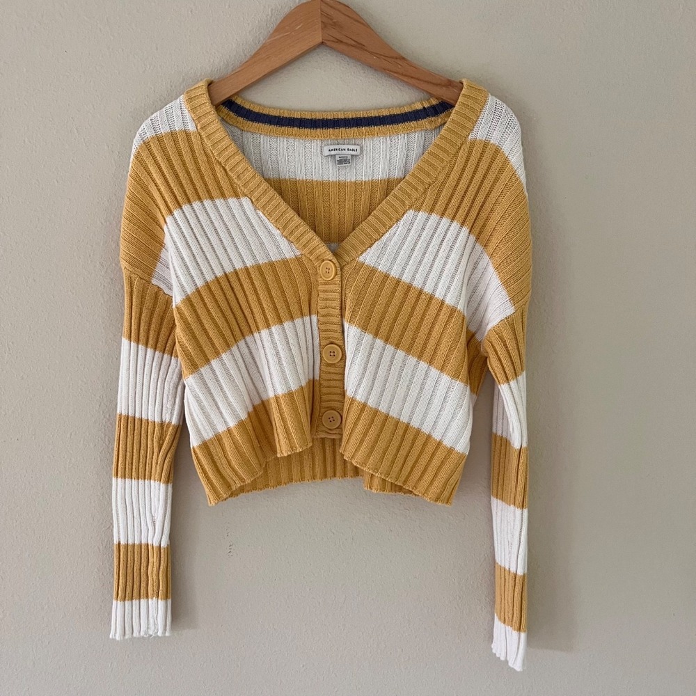 American Eagle Mustard‎ Yellow White Striped Ribbed Cropped Cardigan Sweater S